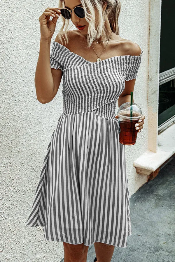 Beachsissi Dresses Women Fashion Short Sleeve Stripe Dress Grey
