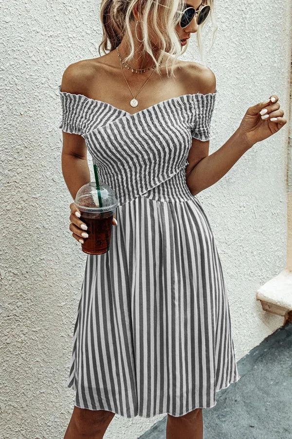 Beachsissi Dresses Women Fashion Short Sleeve Stripe Dress Grey