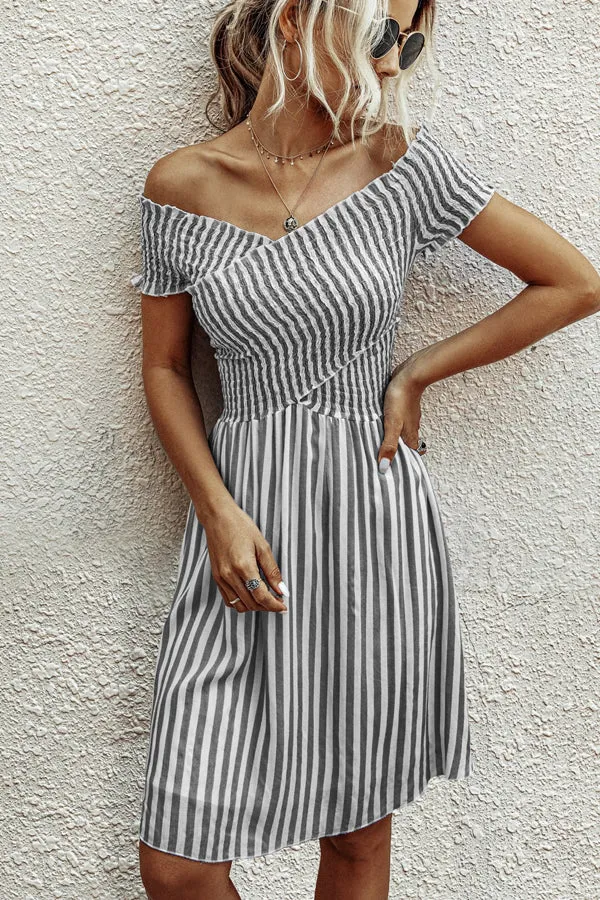 Beachsissi Dresses Women Fashion Short Sleeve Stripe Dress Grey