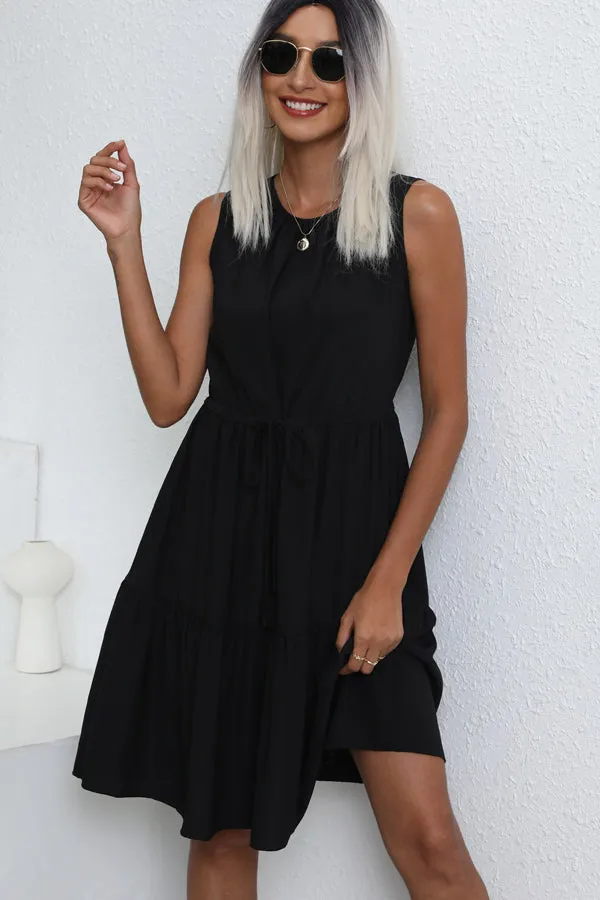 Beachsissi Dresses Women Fashion Solid Color Drawstring Waist Casual Dress Black Beachsissi Dresses Women Fashion Solid Color Drawstring Waist Casual Dress Black