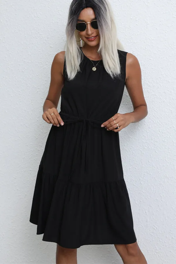 Beachsissi Dresses Women Fashion Solid Color Drawstring Waist Casual Dress Black Beachsissi Dresses Women Fashion Solid Color Drawstring Waist Casual Dress Black