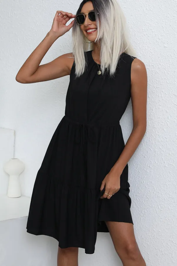 Beachsissi Dresses Women Fashion Solid Color Drawstring Waist Casual Dress Black Beachsissi Dresses Women Fashion Solid Color Drawstring Waist Casual Dress Black