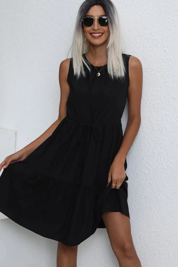 Beachsissi Dresses Women Fashion Solid Color Drawstring Waist Casual Dress Black Beachsissi Dresses Women Fashion Solid Color Drawstring Waist Casual Dress Black
