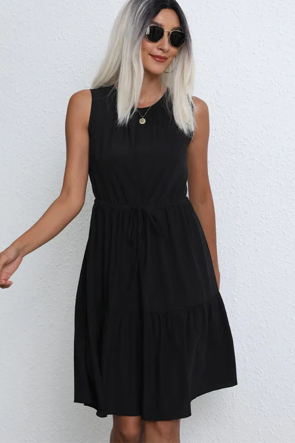 Beachsissi Dresses Women Fashion Solid Color Drawstring Waist Casual Dress Black Beachsissi Dresses Women Fashion Solid Color Drawstring Waist Casual Dress Black