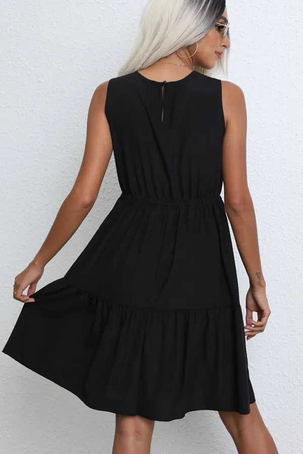 Beachsissi Dresses Women Fashion Solid Color Drawstring Waist Casual Dress Black Beachsissi Dresses Women Fashion Solid Color Drawstring Waist Casual Dress Black