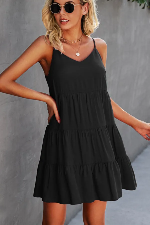 Beachsissi Dresses Women Fashion Solid Color Ruffle Hem Mini Dress Black