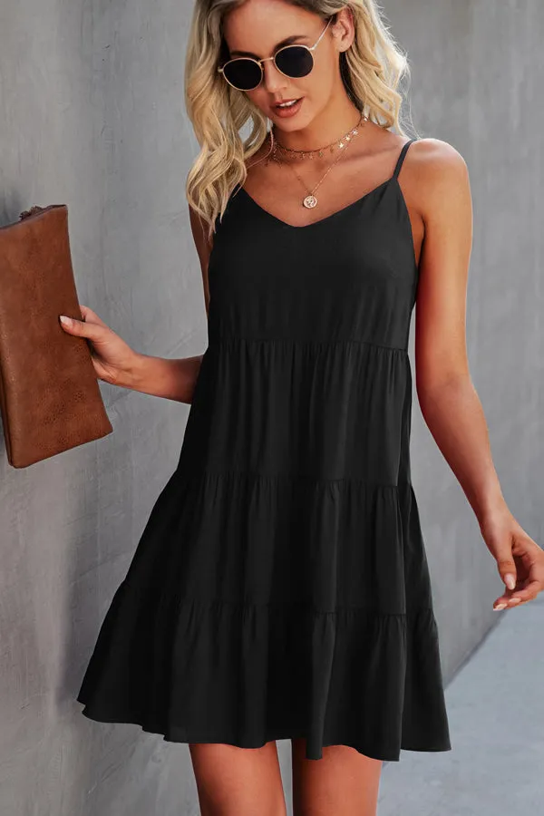 Beachsissi Dresses Women Fashion Solid Color Ruffle Hem Mini Dress Black