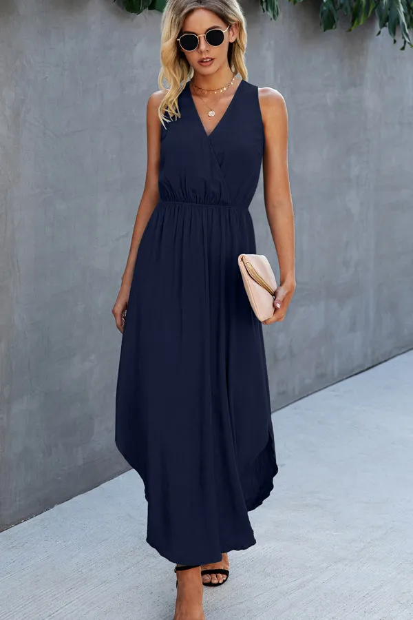 Beachsissi Dresses Women Fashion Solid Color V Neck Sleeveless Dress Navy Blue