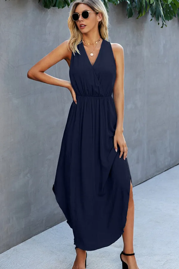 Beachsissi Dresses Women Fashion Solid Color V Neck Sleeveless Dress Navy Blue Beachsissi Dresses Women Fashion Solid Color V Neck Sleeveless Dress Navy Blue