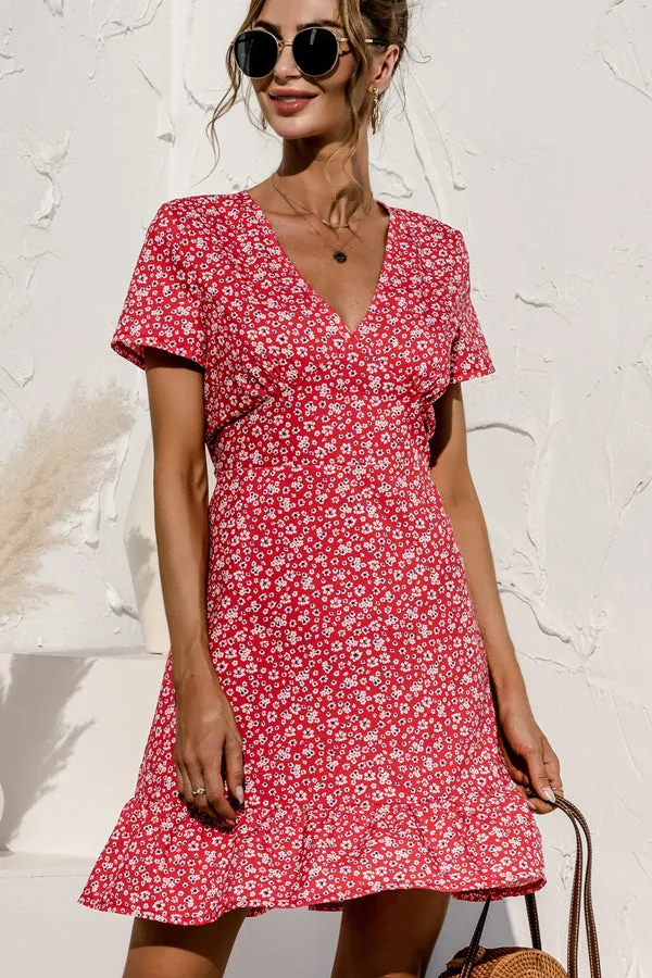 Beachsissi Dresses Women Floral Print High Waist Short Sleeve Mini Dress Red