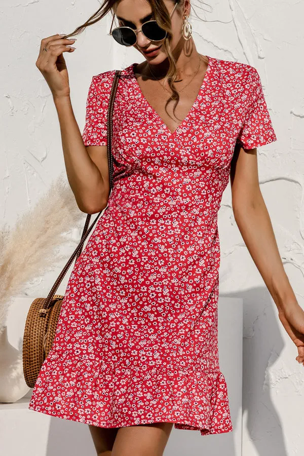 Beachsissi Dresses Women Floral Print High Waist Short Sleeve Mini Dress Red Beachsissi Dresses Women Floral Print High Waist Short Sleeve Mini Dress Red