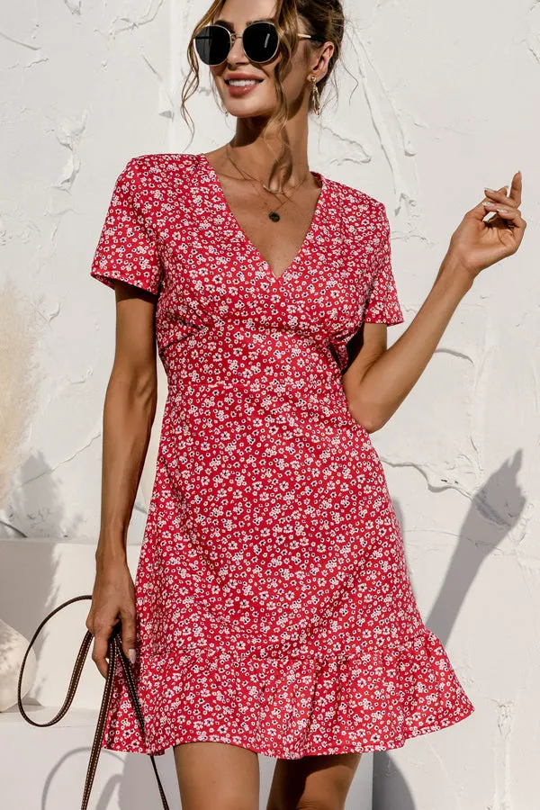 Beachsissi Dresses Women Floral Print High Waist Short Sleeve Mini Dress Red Beachsissi Dresses Women Floral Print High Waist Short Sleeve Mini Dress Red