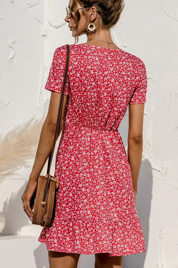 Beachsissi Dresses Women Floral Print High Waist Short Sleeve Mini Dress Red Beachsissi Dresses Women Floral Print High Waist Short Sleeve Mini Dress Red