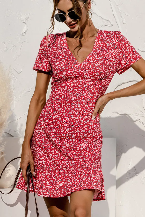 Beachsissi Dresses Women Floral Print High Waist Short Sleeve Mini Dress Red Beachsissi Dresses Women Floral Print High Waist Short Sleeve Mini Dress Red