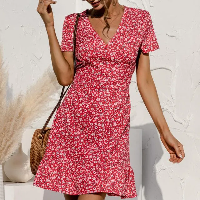 Beachsissi Dresses Women Floral Print High Waist Short Sleeve Mini Dress Red Beachsissi Dresses Women Floral Print High Waist Short Sleeve Mini Dress Red