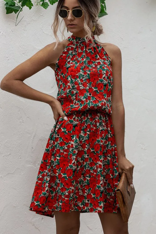 Beachsissi Dresses Women Halter Neck Flower Print Mini Dress Red