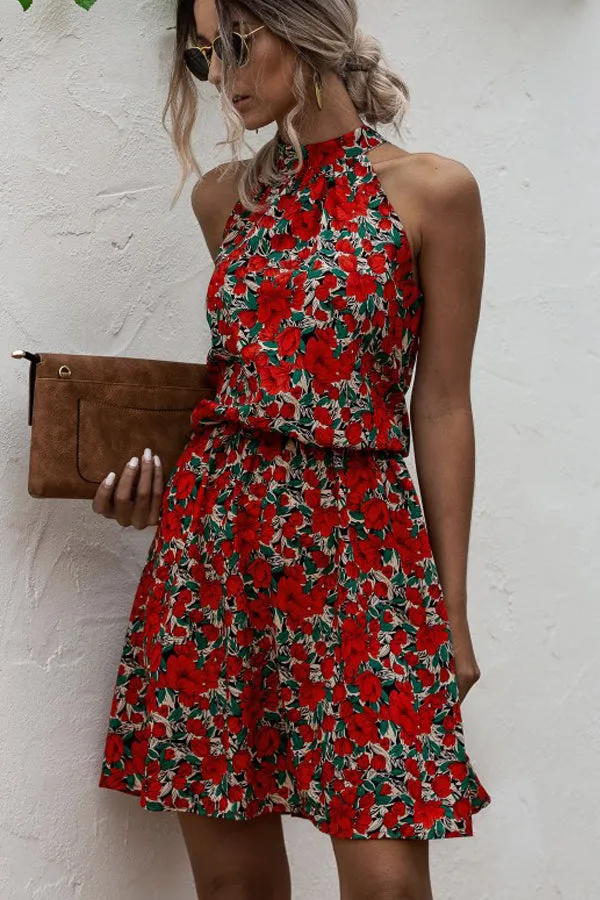 Beachsissi Dresses Women Halter Neck Flower Print Mini Dress Red