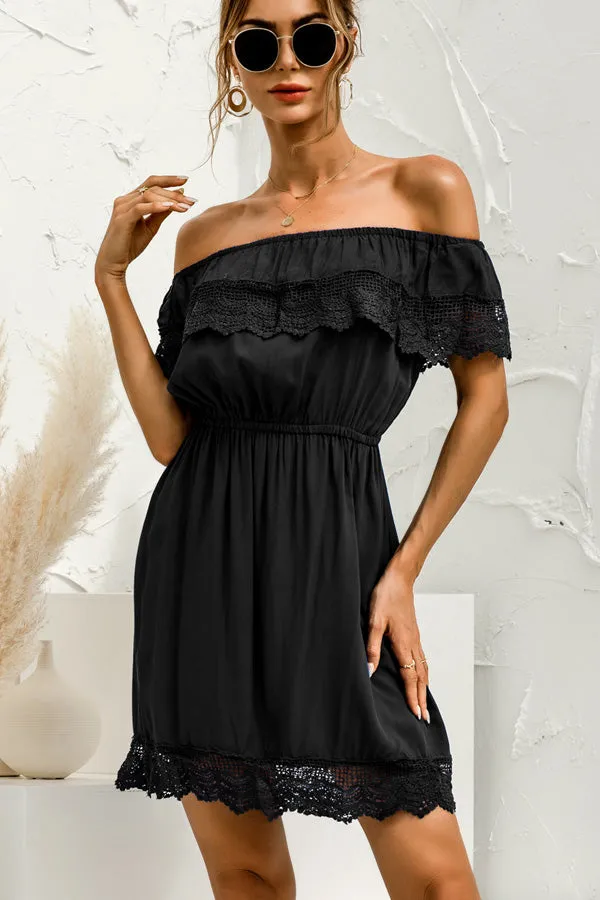 Beachsissi Dresses Women Off The Shoulder Lace Patchwork Ruffle Hem Dress Black