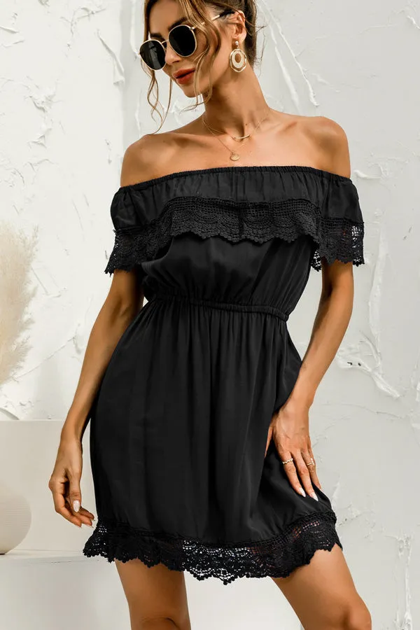 Beachsissi Dresses Women Off The Shoulder Lace Patchwork Ruffle Hem Dress Black Beachsissi Dresses Women Off The Shoulder Lace Patchwork Ruffle Hem Dress Black