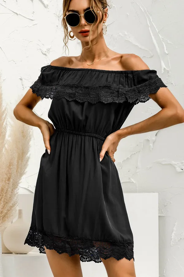Beachsissi Dresses Women Off The Shoulder Lace Patchwork Ruffle Hem Dress Black Beachsissi Dresses Women Off The Shoulder Lace Patchwork Ruffle Hem Dress Black
