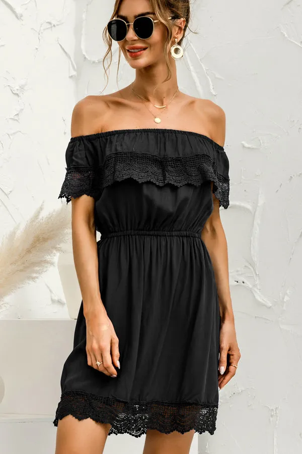 Beachsissi Dresses Women Off The Shoulder Lace Patchwork Ruffle Hem Dress Black Beachsissi Dresses Women Off The Shoulder Lace Patchwork Ruffle Hem Dress Black