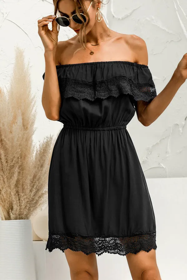 Beachsissi Dresses Women Off The Shoulder Lace Patchwork Ruffle Hem Dress Black Beachsissi Dresses Women Off The Shoulder Lace Patchwork Ruffle Hem Dress Black