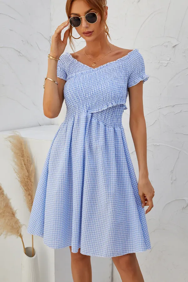 Beachsissi Dresses Women Plaid Print Smocked Chest Short Sleeve Mini Dress Blue Beachsissi Dresses Women Plaid Print Smocked Chest Short Sleeve Mini Dress Blue