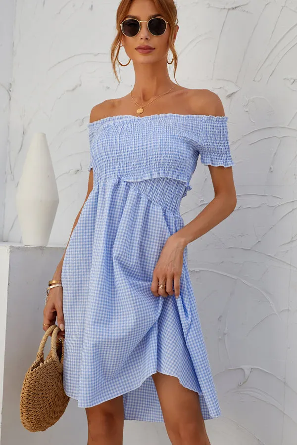 Beachsissi Dresses Women Plaid Print Smocked Chest Short Sleeve Mini Dress Blue Beachsissi Dresses Women Plaid Print Smocked Chest Short Sleeve Mini Dress Blue