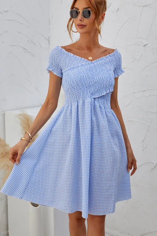 Beachsissi Dresses Women Plaid Print Smocked Chest Short Sleeve Mini Dress Blue Beachsissi Dresses Women Plaid Print Smocked Chest Short Sleeve Mini Dress Blue