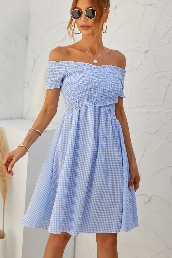 Beachsissi Dresses Women Plaid Print Smocked Chest Short Sleeve Mini Dress Blue Beachsissi Dresses Women Plaid Print Smocked Chest Short Sleeve Mini Dress Blue