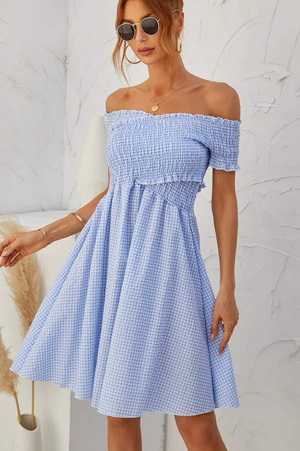Beachsissi Dresses Women Plaid Print Smocked Chest Short Sleeve Mini Dress Blue Beachsissi Dresses Women Plaid Print Smocked Chest Short Sleeve Mini Dress Blue