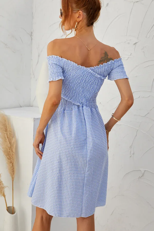 Beachsissi Dresses Women Plaid Print Smocked Chest Short Sleeve Mini Dress Blue Beachsissi Dresses Women Plaid Print Smocked Chest Short Sleeve Mini Dress Blue