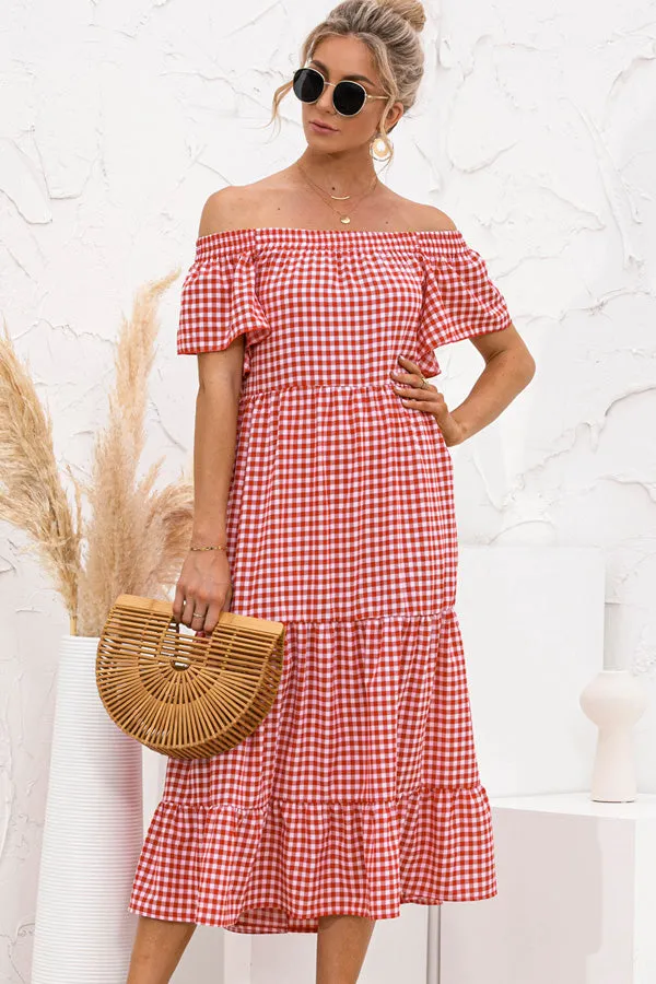 Beachsissi Dresses Women Plaid Short Sleeve Off The Shoulder Midi Dress Red