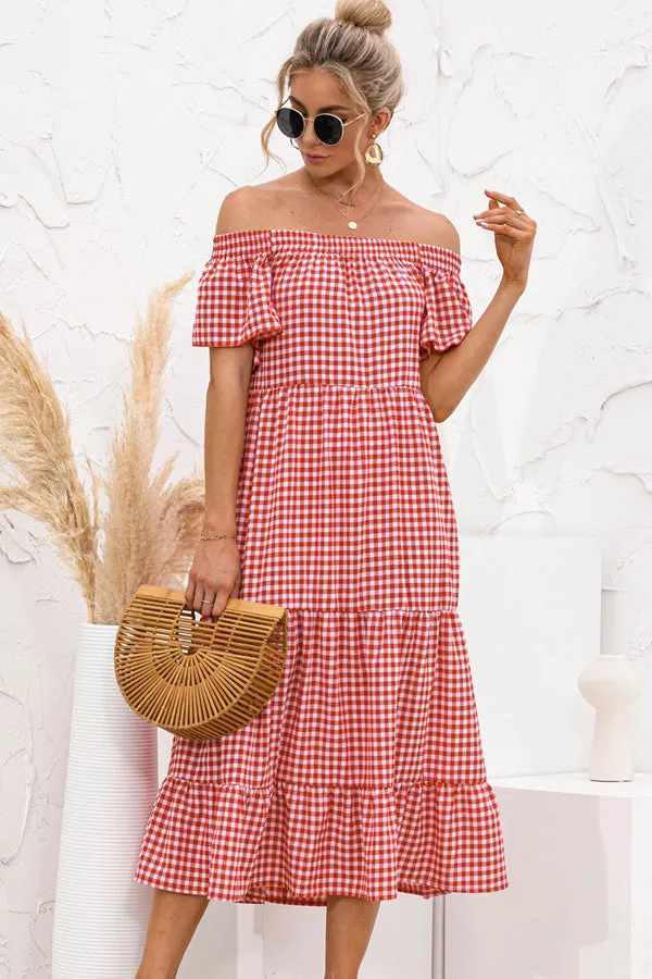 Beachsissi Dresses Women Plaid Short Sleeve Off The Shoulder Midi Dress Red