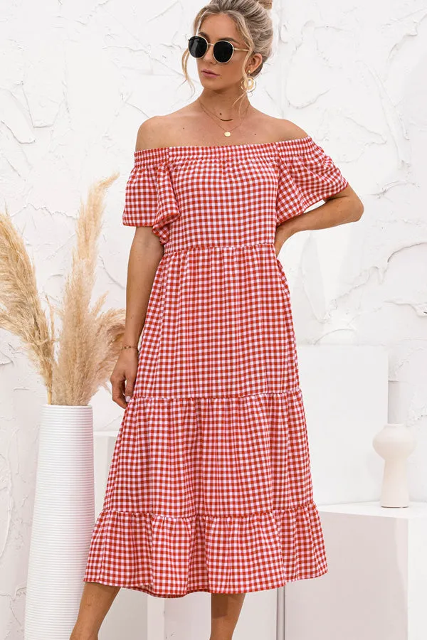 Beachsissi Dresses Women Plaid Short Sleeve Off The Shoulder Midi Dress Red
