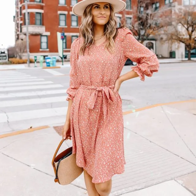Beachsissi Dresses Women Polka Dot Prints Long Sleeve Tie Waist Dress Pink