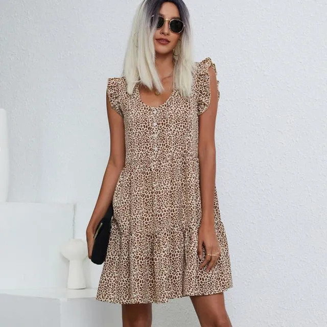 Beachsissi Dresses Women Round Neck Leopard Print Ruffled Casual Dress Leopard Beachsissi Dresses Women Round Neck Leopard Print Ruffled Casual Dress Leopard