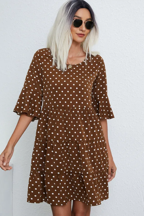 Beachsissi Dresses Women Ruffle Hem Polka Dot Print Mini Dress Brown