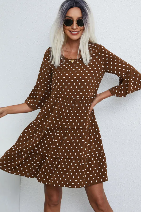 Beachsissi Dresses Women Ruffle Hem Polka Dot Print Mini Dress Brown