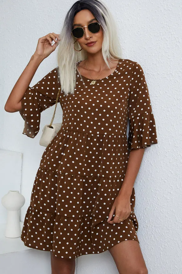 Beachsissi Dresses Women Ruffle Hem Polka Dot Print Mini Dress Brown