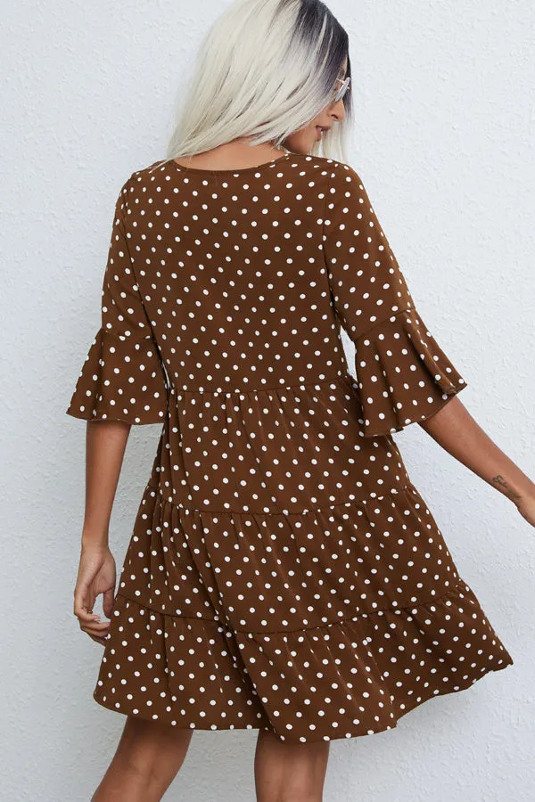 Beachsissi Dresses Women Ruffle Hem Polka Dot Print Mini Dress Brown