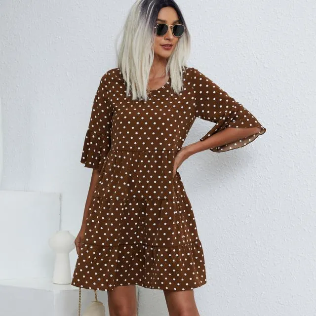 Beachsissi Dresses Women Ruffle Hem Polka Dot Print Mini Dress Brown
