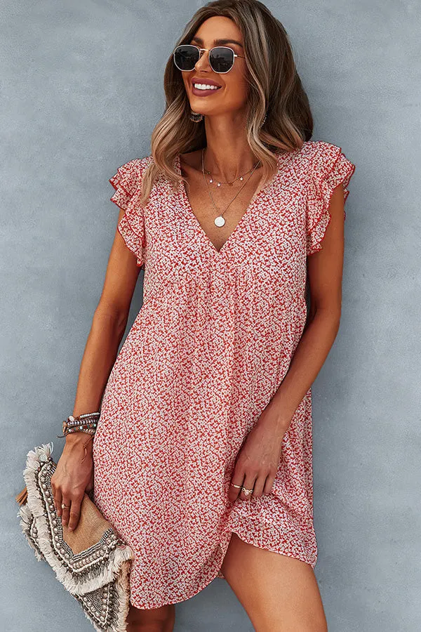 Beachsissi Dresses Women Ruffled Flower Print V Neck Cusual Dress Red