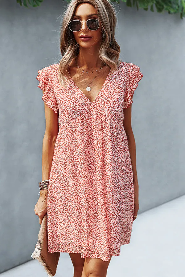 Beachsissi Dresses Women Ruffled Flower Print V Neck Cusual Dress Red