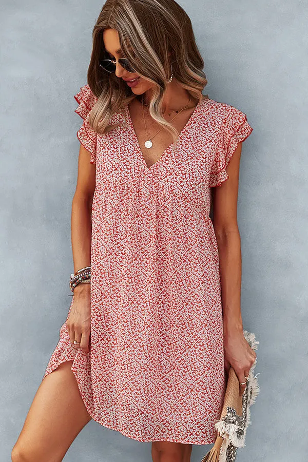 Beachsissi Dresses Women Ruffled Flower Print V Neck Cusual Dress Red