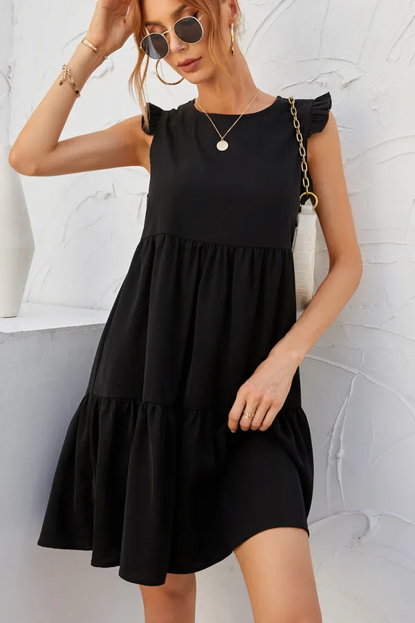 Beachsissi Dresses Women Ruffled Round Neck Solid Button Casual Dress Black