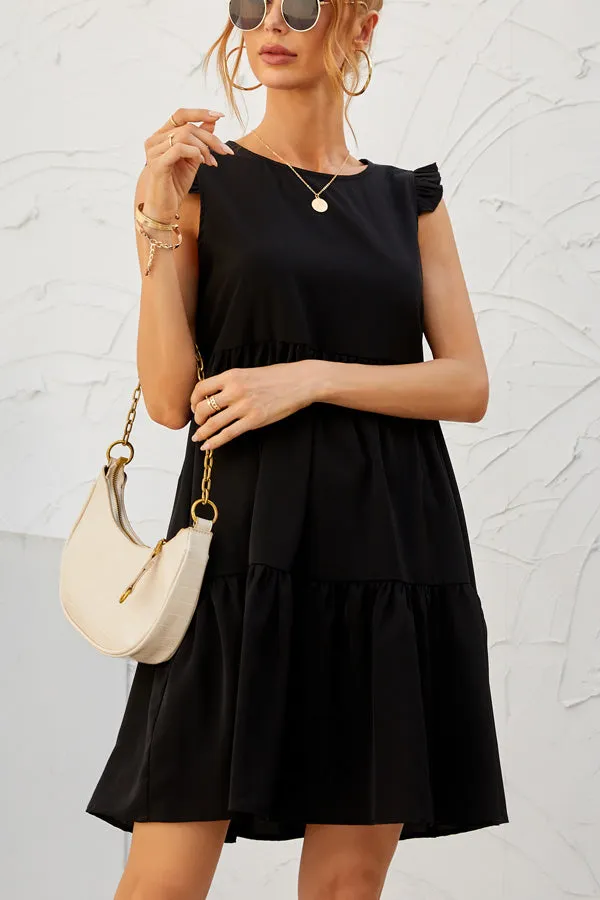 Beachsissi Dresses Women Ruffled Round Neck Solid Button Casual Dress Black