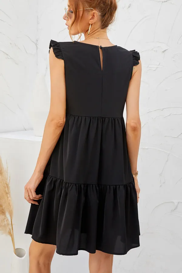 Beachsissi Dresses Women Ruffled Round Neck Solid Button Casual Dress Black