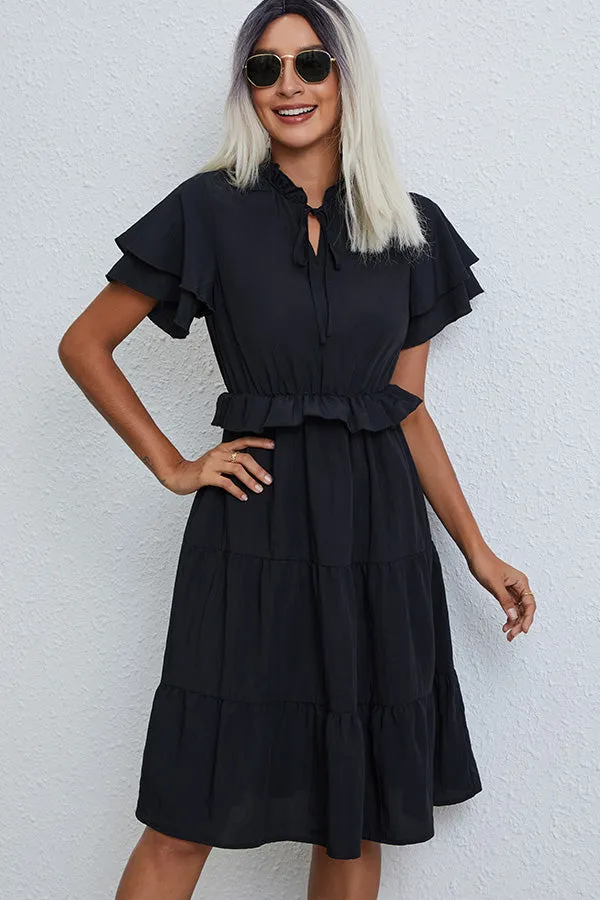 Beachsissi Dresses Women Ruffled Short Sleeve Solid Casual Dress Black