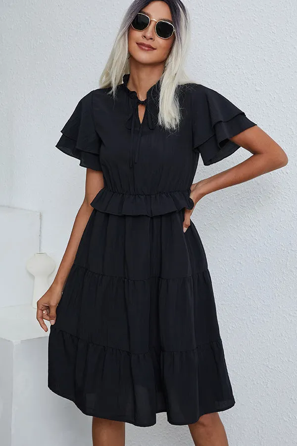 Beachsissi Dresses Women Ruffled Short Sleeve Solid Casual Dress Black